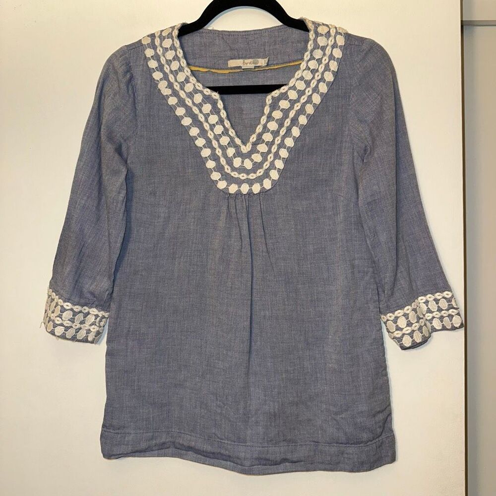 Boden Women’s Size 6 Cotton V Neck Tunic Top 3/4 Sleeve Blue with White Lace EUC